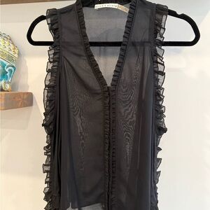 Alice + Olivia Black Sheer Ruffle Top